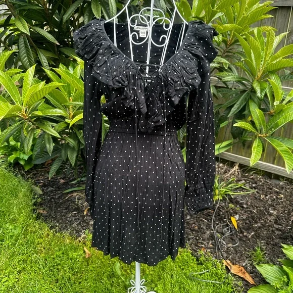 Billabong Take Away Long Sleeve Mini Dress Black w/ Polka Dots Plunge Size XS - Picture 2 of 7